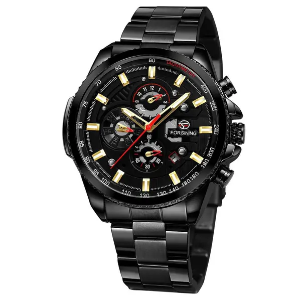 Ceas barbatesc Forsining, model sport, bratara neagra din otel inoxidabil, mecanism automatic, calendar complet, rezistent la apa 3ATM + cutie cadou