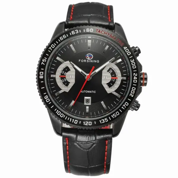 Ceas barbatesc Forsining, model sport, curea din piele neagra, mecanism automatic, calendar complet + cutie cadou