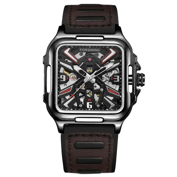 Ceas barbatesc Forsining, Skeleton, mecanism automatic-mecanic, curea din piele maro-neagra, Fashion
