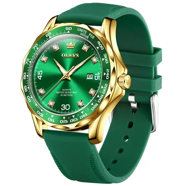 Ceas barbatesc Olevs CS1622, curea de silicon, verde-auriu, cadran verde