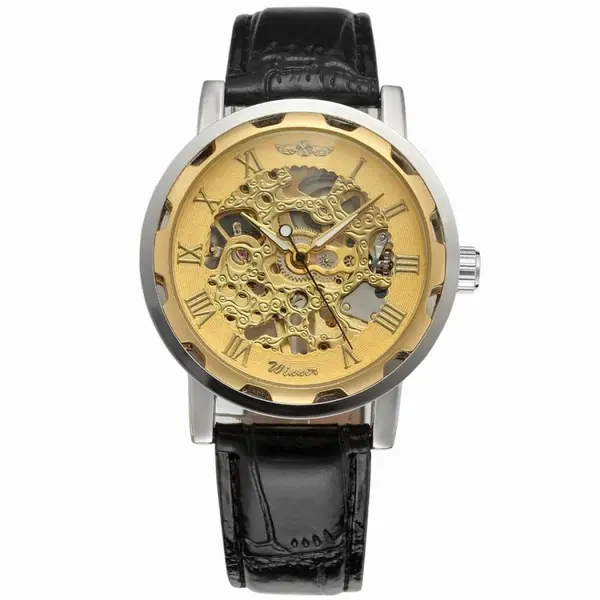 Ceas barbatesc Winner, schelet Gold, curea din piele neagra, mecanism automatic-mecanic, stil Fashion + cutie cadou