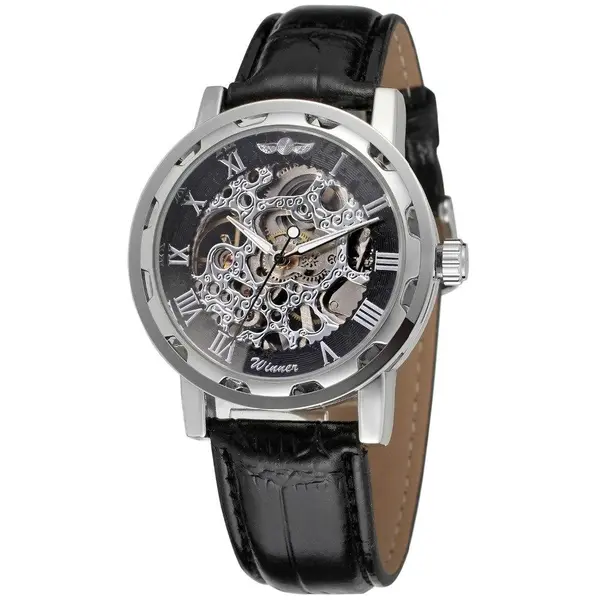 Ceas barbatesc Winner, schelet negru, curea din piele neagra, mecanism automatic-mecanic, stil Fashion + cutie cadou