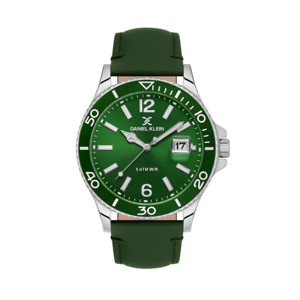 Ceas Casual pentru Bărbați, Design Rotund cu Curea din Piele și Afișaj Dată - Verde