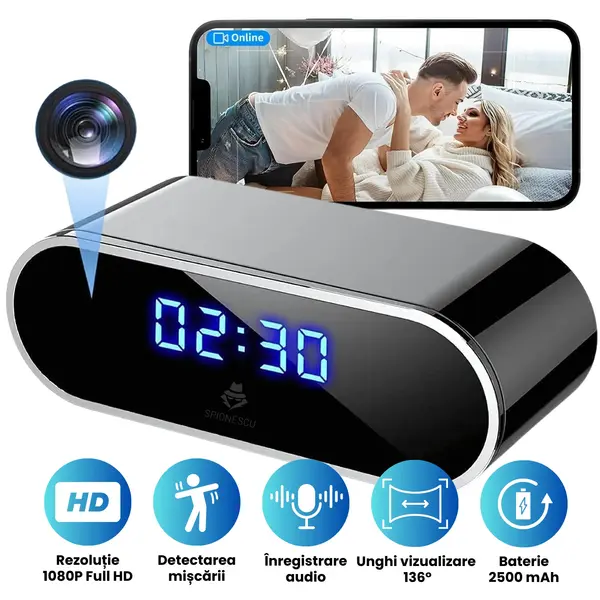 Ceas cu camera ascunsa audio-video, WiFi, HD, detectarea miscarii pe iOS, night vision - 128 GB
