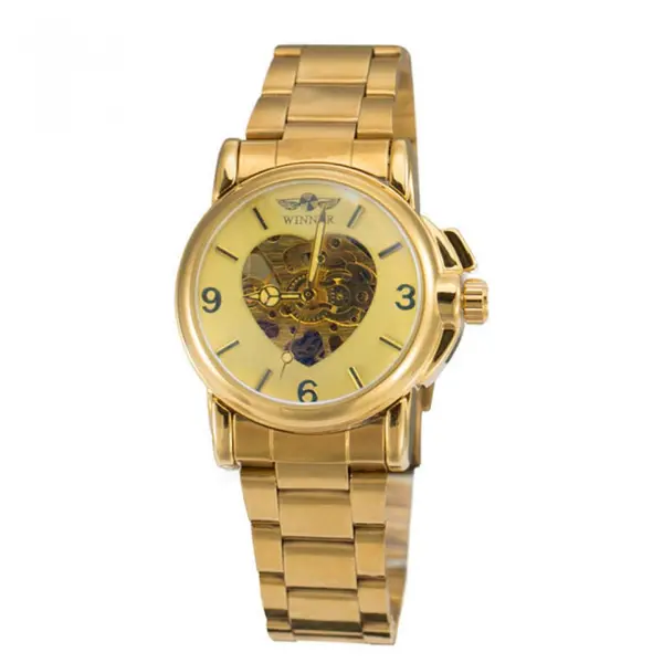 Ceas de dama, Winner schelet automatic-mecanic, Gold, bratara din otel inoxidabil, rezistent la zgarieturi, stil fashion + cutie cadou