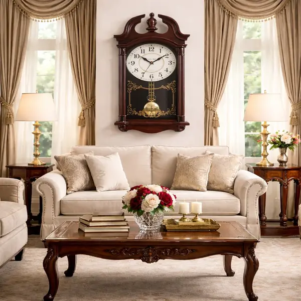 Ceas de perete cu pendul 66x29 cm design clasic elegant cu accente aurii silentios