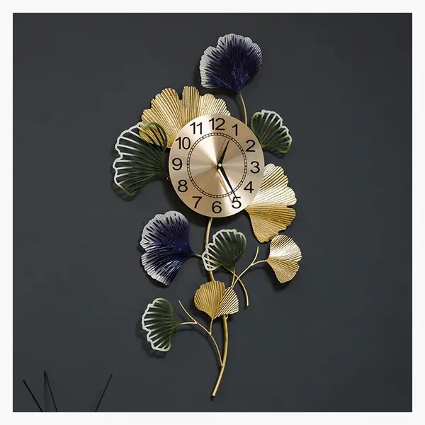 Ceas de perete decorativ 76 x 42 cm – design artistic cu frunze metalice, decor lux pentru living