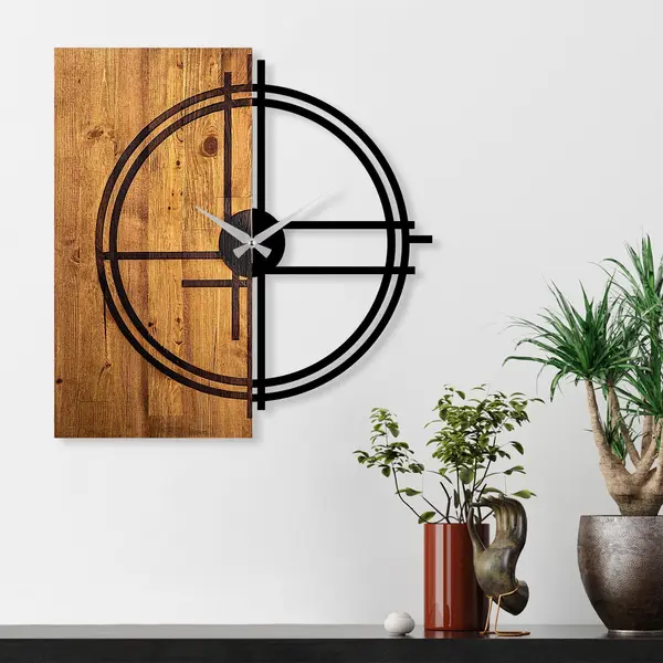Ceas de perete decorativ din lemn Wooden Clock 38, Nuc deschis, 58x56 cm