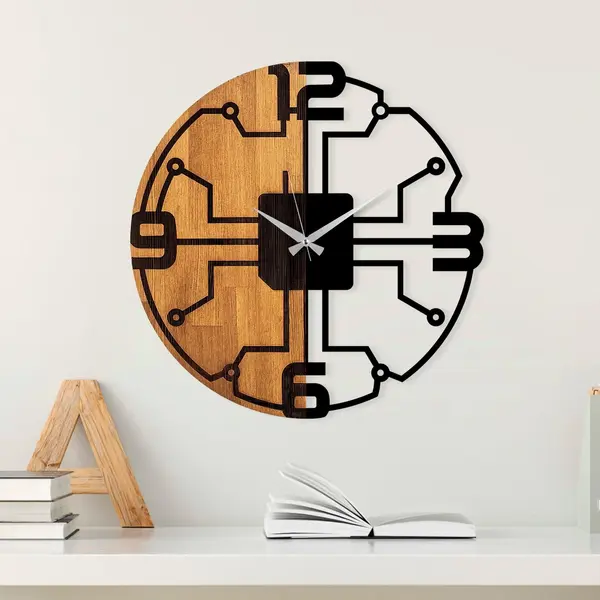 Ceas de perete decorativ din lemn Wooden Clock - 61, Nuc, 56x56 cm