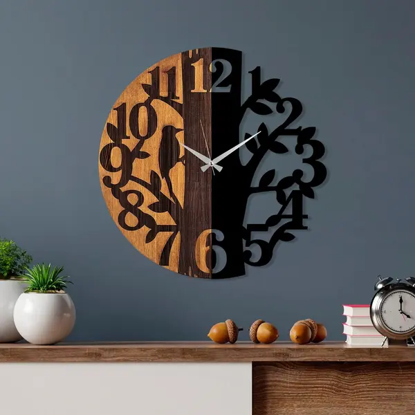 Ceas de perete decorativ din lemn Wooden Clock - 71, Nuc, 56x56 cm