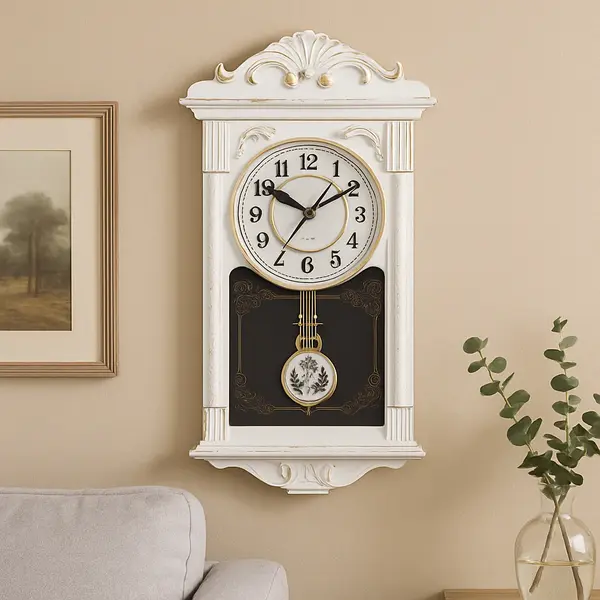 Ceas de perete vintage cu pendul, aspect lemn, 41 cm x 22 cm x 7 cm