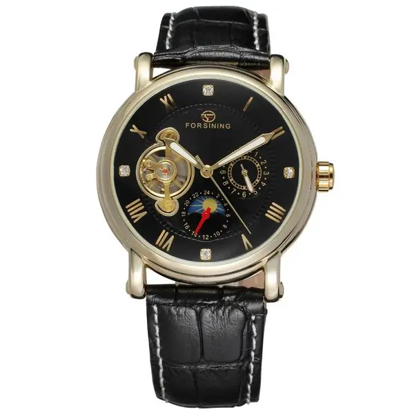 Ceas Forsining barbatesc cu Moon Phase (arata noapte/zi), curea din piele neagra, calendar complet, mecanism automatic-mecanic, stil Fashion + cutie cadou