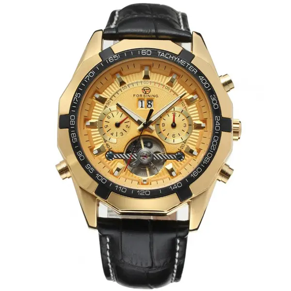 Ceas Forsining, curea din piele neagra, calendar complet, mecanism automatic-mecanic, stil Fashion + cutie cadou