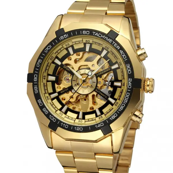 Ceas Forsining schelet barbatesc automatic Gold, bratara din otel inoxidabil, rezistent la zgarieturi, stil fashion + cutie cadou