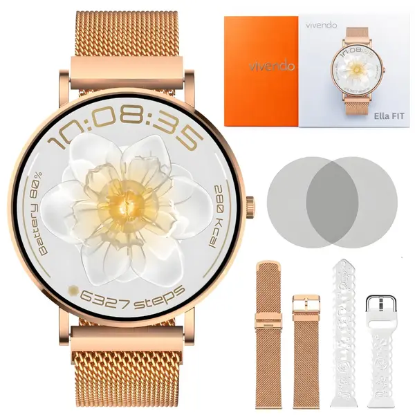Ceas Smartwatch Dama ELLA PRO Vivendo®, Ecran AMOLED 1.32", Fitness, Apel Bluetooth, Notificari Limba Romana, ChatGPT AI, Incarcare Wireless, Rezistent Apa IP68, 2 Curele Incluse