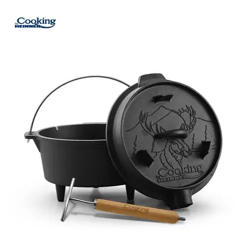 Ceaun fonta pura 2 in 1, capacitate 12 l, capacul poate fi folosit ca tigaie grill, dimensiune 37X18 cm, se foloseste direct pe flacara