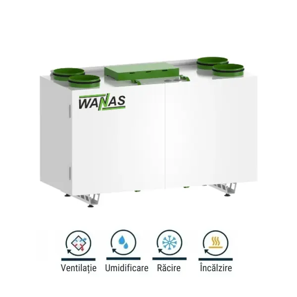 - Centrala de Ventilatie cu recuperare de caldura 4 in 1 Wanas Combo 630 Prestige cu baterie pe freon si agregat Midea, Smart, Functie Ventilatie, Umidificare, Incalzire si Racire