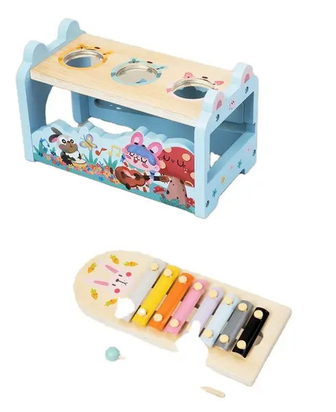 Centru Montessori 2 in 1 - iepure din lemn cu xilofon si joc cu bile