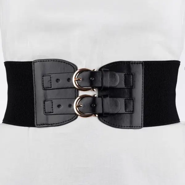 Centura corset lata din piele ecologica cu doua catarame aurii in fata si elastic la spate