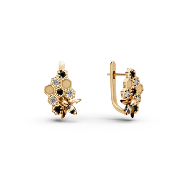 Cercei albina din aur galben cu diamante negre si incolore de 0.1ct