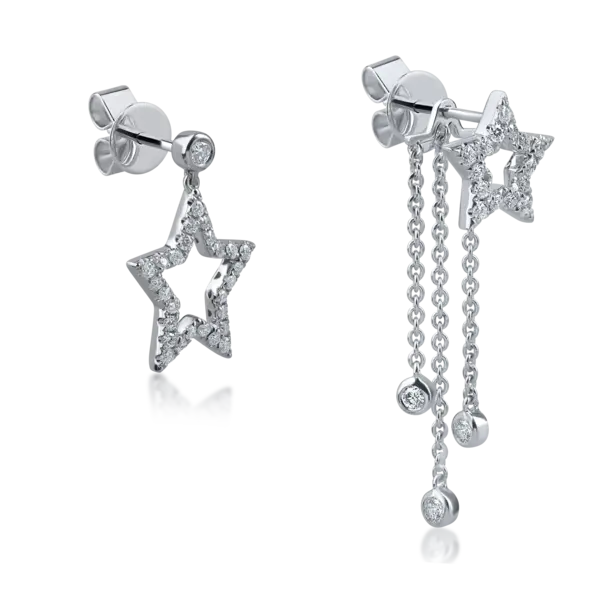 Cercei asimetrici cu stele din aur alb cu diamante de 0.47ct