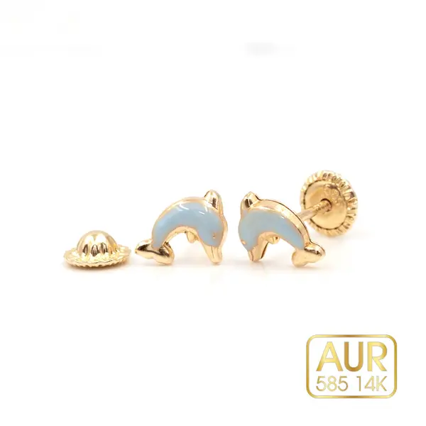 Cercei Aur 14K bebe/copii - Model "Delfini" cu surub - Aur galben cu email blue ciel