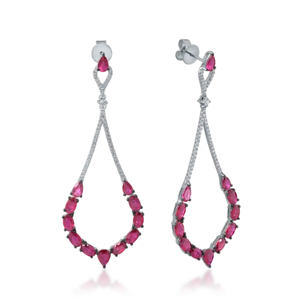 Cercei candelabru din aur alb cu rubine pear si ovale de 6ct si diamante de 0.5ct