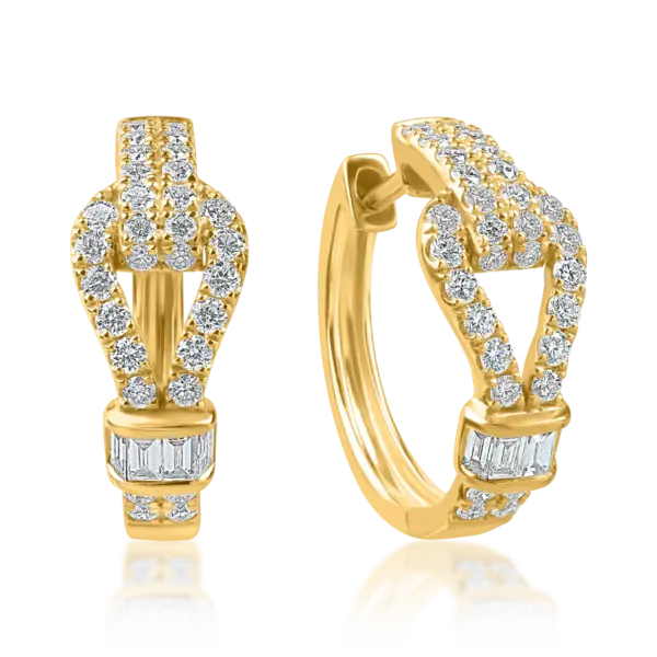 Cercei creole din aur galben cu diamante baguette si rotunde de 0.89ct