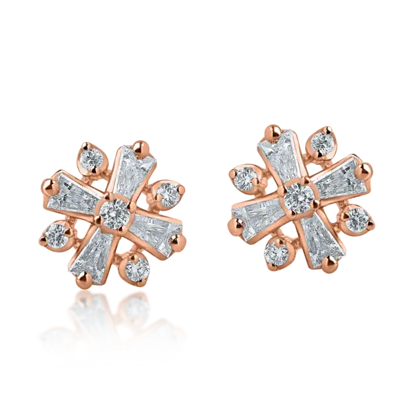 Cercei cu surub din aur roz cu diamante baguette si rotunde de 0.35ct