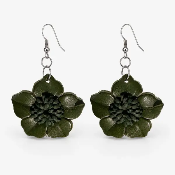 Cercei dama din piele naturala cu floare tridimensionala Verde Inchis