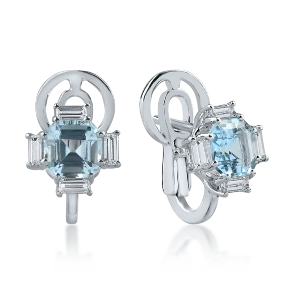 Cercei din aur alb cu acvamarine octogonale de 1.9ct si diamante baguette de 0.3ct