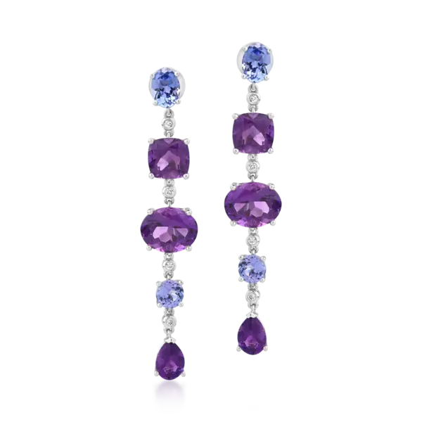 Cercei din aur alb cu ametiste ovale, pear si cushion de 8.2ct si tanzanite ovale si rotunde de1.7ct