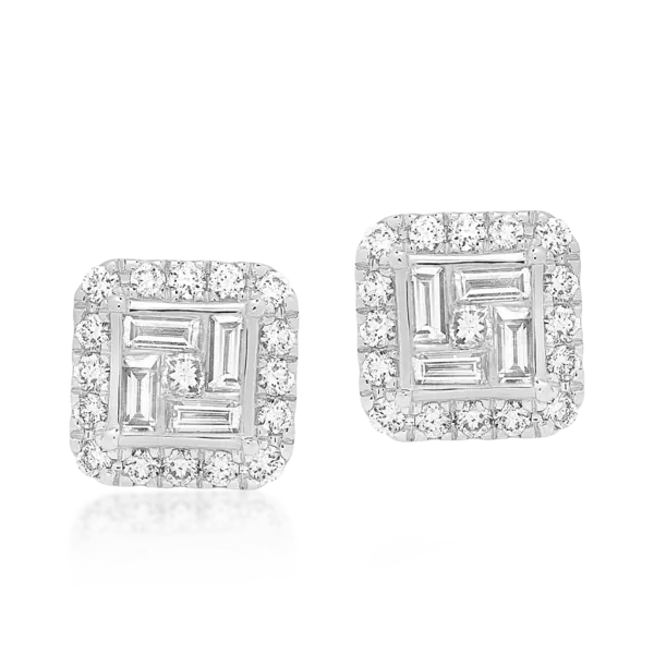 Cercei din aur alb cu diamante baguette, princess si rotunde de 0.77ct