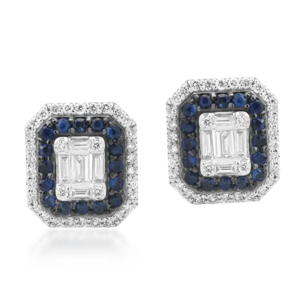 Cercei din aur alb cu diamante baguette si rotunde de 0.257ct si safire de 0.444ct