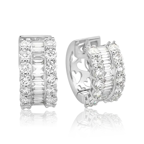 Cercei din aur alb cu diamante baguette si rotunde microsetting de 1.5ct