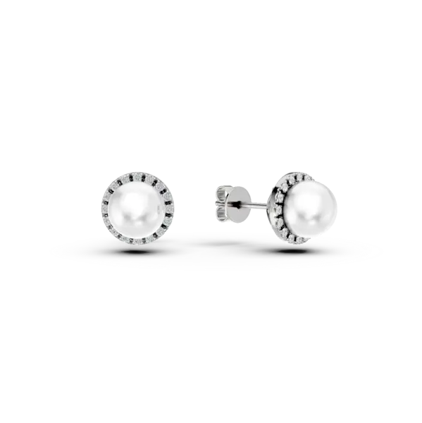 Cercei din aur alb cu diamante de 0.093ct si perle de cultura