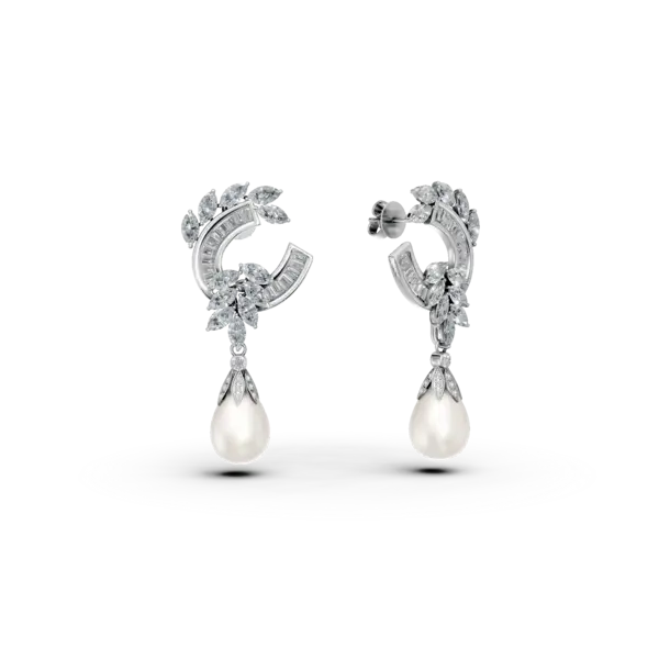 Cercei din aur alb cu diamante marquise, baguette si rotunde de 1.9ct si perle de cultura
