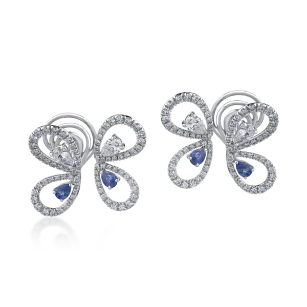 Cercei din aur alb cu diamante round si pear de 2.83ct si safire pear de 1.22ct