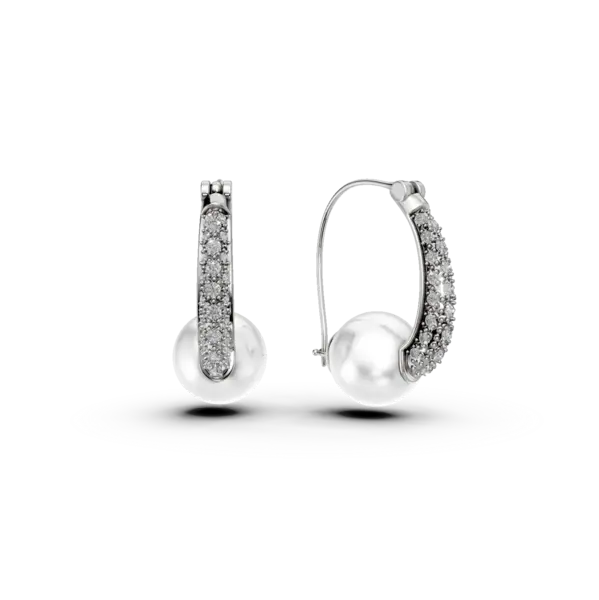 Cercei din aur alb cu perle de cultura si diamante de 0.18ct