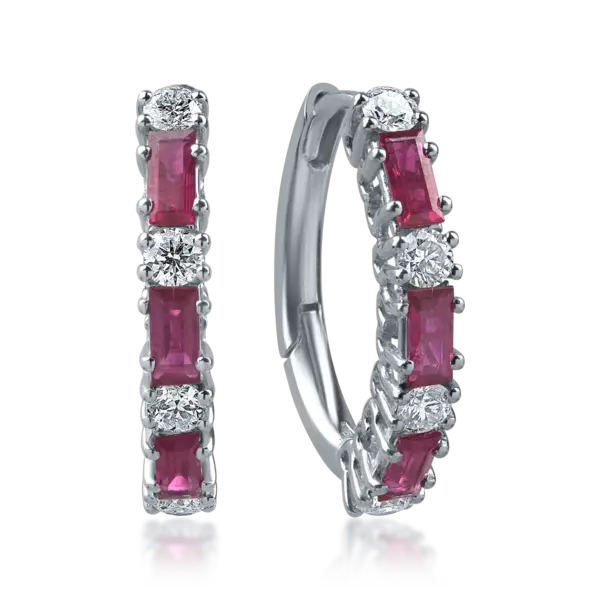 Cercei din aur alb cu rubine baguette de 0.8ct si diamante rotunde de 0.2ct