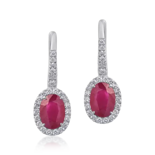 Cercei din aur alb cu rubine ovale de 3.12ct si diamante round de 0.46ct