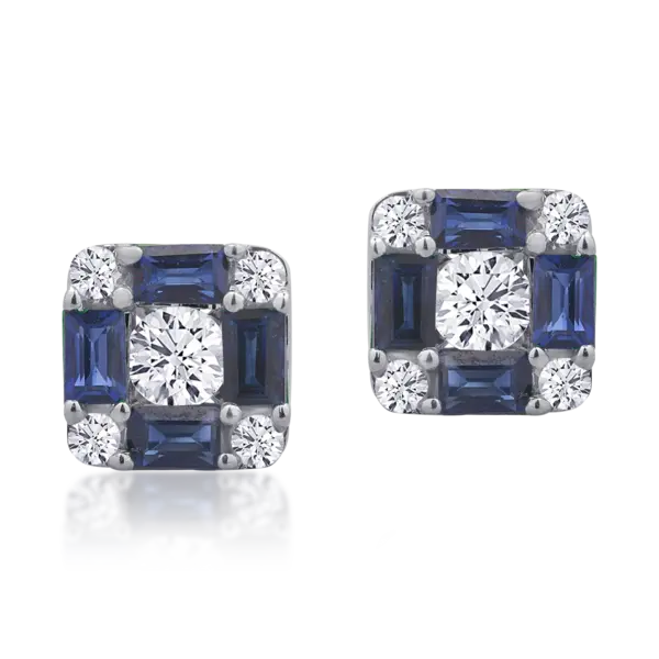 Cercei din aur alb cu safire baguette de 0.8ct si diamante rotunde de 0.38ct