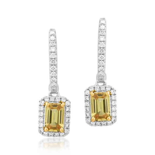 Cercei din aur alb cu safire galbene emerald de 1.26ct si diamante de 0.37ct