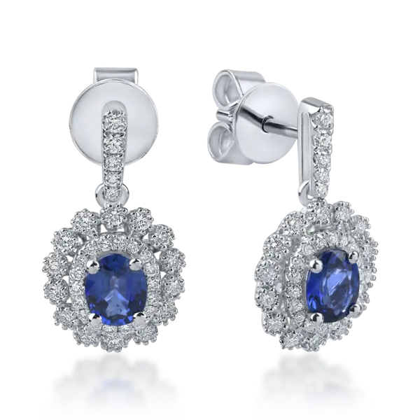 Cercei din aur alb cu safire ovale si diamante de 1.3ct