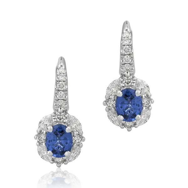 Cercei din aur alb cu safire pear de 1.23ct si diamante de 0.38ct