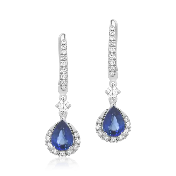 Cercei din aur alb cu safire pear de 1.47ct si diamante de 0.44ct