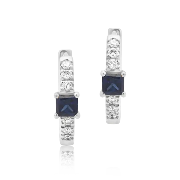 Cercei din aur alb cu safire princess de 0.15ct si diamante de 0.06ct