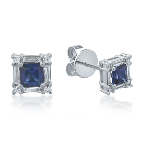 Cercei din aur alb cu safire princess de 0.6ct si diamante de 0.19ct