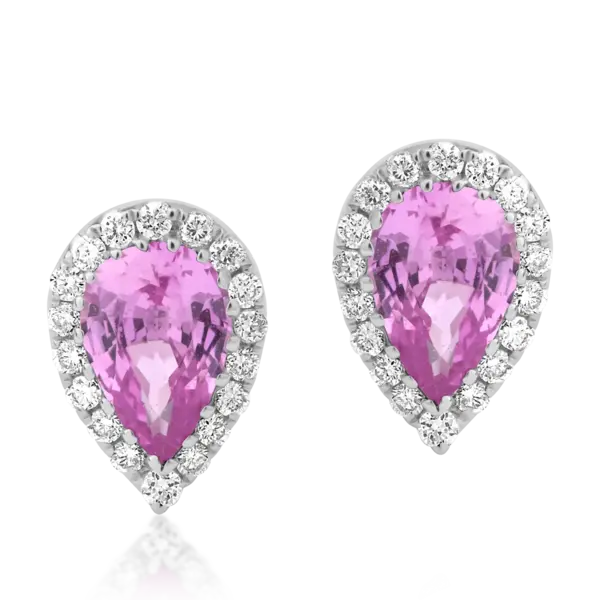 Cercei din aur alb cu safire roz pear de 0.84ct si diamante de 0.13ct