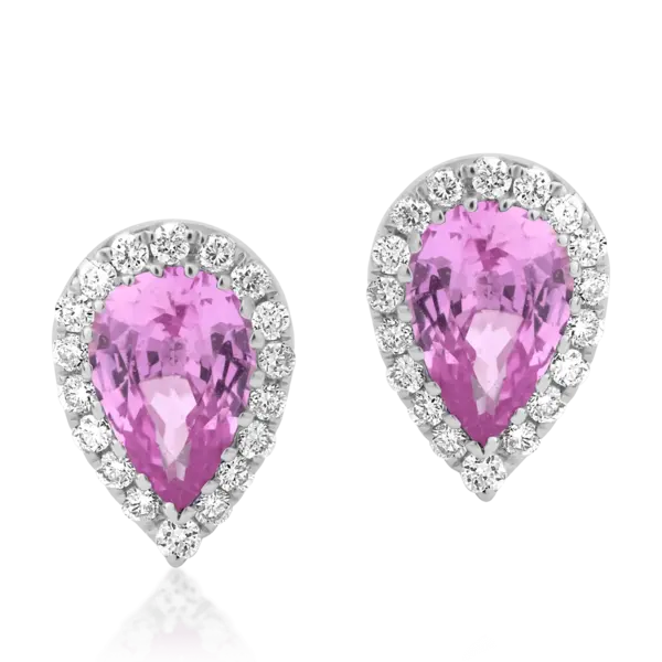 Cercei din aur alb cu safire roz pear de 0.96ct si diamante de 0.13ct